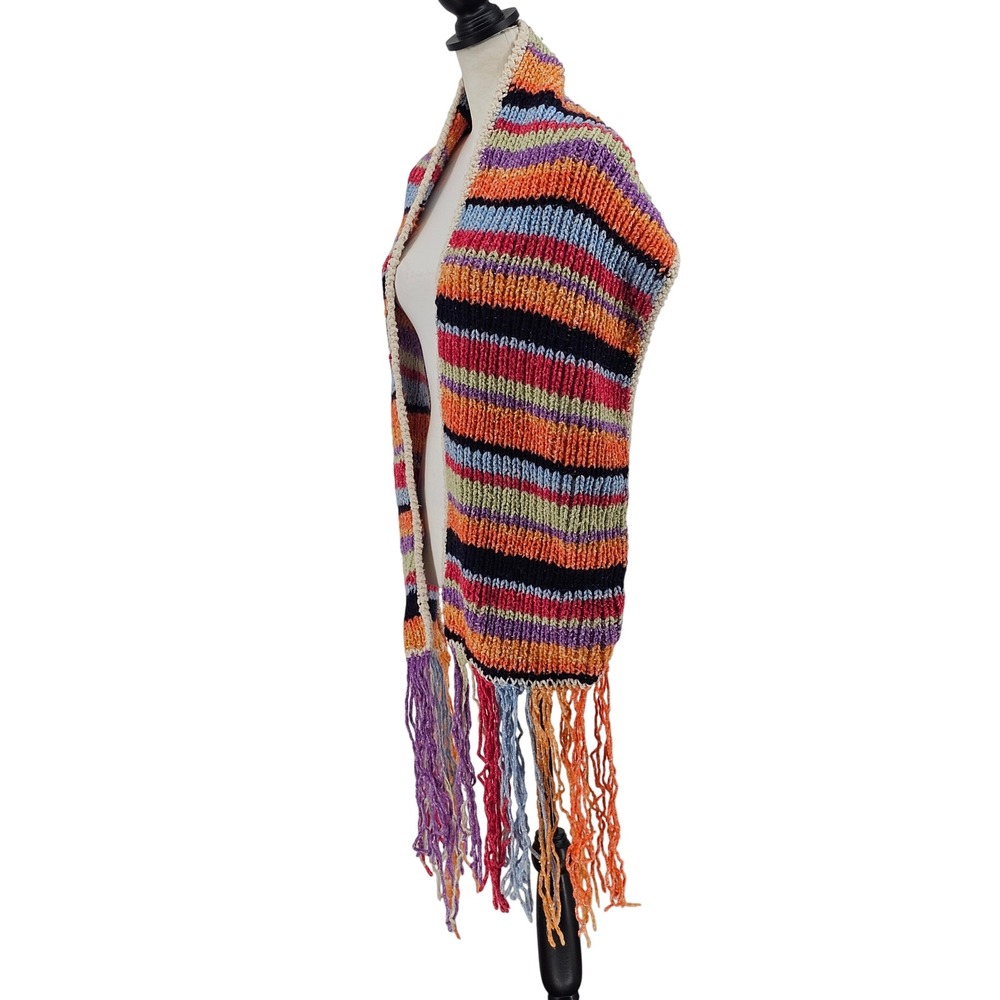 Frantic Hand Made Knit Scarf OS Rainbow Striped Boho Fringe Wool‎ Cotton Cottage